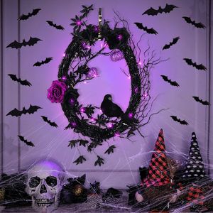 Flores decorativas grinaldas grinalda de halloween para porta da frente morcego ramo preto com luz led guirlanda brilhante para janela de parede 230915