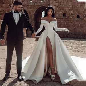 A Line Wedding Dresses Graceful 2023 Off The Shoulder Neck Bridal Gowns With Detachable Train Side Split Satin Vestido De Novia B0296Z