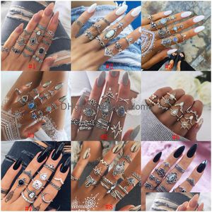 Pierścienie klastrowe Vintage Bohemian Midi Finger Set for Women Beach Turtle Słon Kamień Kryształ Knuckle Boho Biżuteria modowa w Drop D Dhh2x