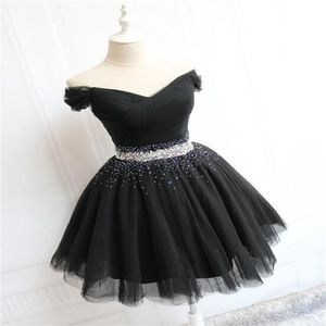 Cute Black Homecoming Dress With Beaded Off Shoulders A Line Tulle Short Evening Dress Lace Up Elegant Women Dinner Prom Party Vestidos De Noche Para Eventos 2023