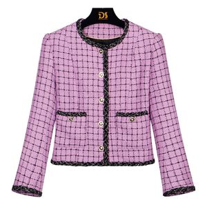 2023 Summer Purple Plaid kontrast trimjacka långärmad rund hals tweed dubbelfickor enkelbröst jackor kappa korta outwear d3s152885