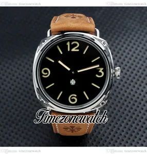 Ny 47mm Firenze Automatic Mens Watch Black Dial Vintage Grave Steel Case Brown Leather Strap Gents Limited Edition titta på stor storlek Tidzonewatch HWTM E-01