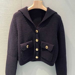 Women's Sweaters Cropped Blue Navy Neck Sweater Slim Fit Short Long Sleeve Cardigan Coat Single breasted Top Autumn 2023 New