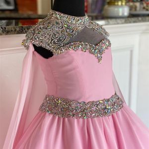 Pink Chiffon Pageant Dress for Teens Juniors 2022 Cape High Neck Bling Crystals Long Formal Event Party Gown for Little Girl Zippe270n