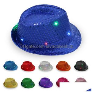 Шляпы для вечеринок с мигающим светом, светодиодные блестящие блестки, цветные нарядные платья, шляпа для джазового танцевального клуба для мужчин и женщин, Прямая доставка на дом Dh9Vq