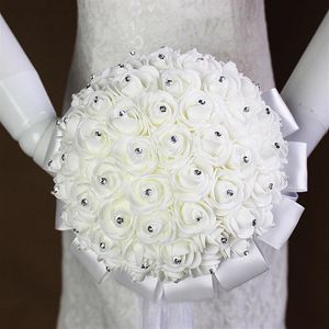 White Bride Holding Bouquet Artificial Rose White Ribbon Handle Bridesmaid Wedding Flowers 20 cm Diameter New240v