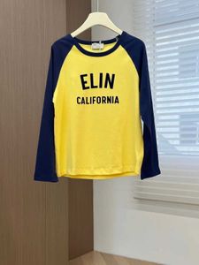Женская футболка 2023, ранняя осень, новая флокированная футболка контрастного цвета с длинными рукавами, желтый, синий, свободный повседневный топ с круглым вырезом