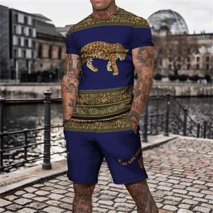 Herrspårsräder överdimensionerade djur leopardtryck 3D tryckta t-shirt jogging shorts 2-stycken uppsättning fashionabla korta ärmuppsättningar och