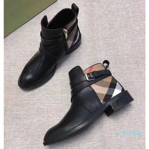 Designer -Spring Luxury Leather Casual Women Martin Boots Plaid Stitching Upper Importerade kalvskinn Plaid Stripe Kort ankelskor Storlek 35-41