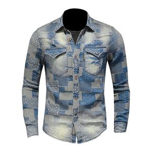 Lapel multi - pocket single - breasted retro color art personality patch casual long sleeve denim shirt221j