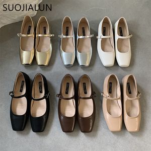 حذاء اللباس Suojialun Summer Brand Women Flats Square Tee ضحلة Mary Jane Soft Disual Ballet Slingback 230915