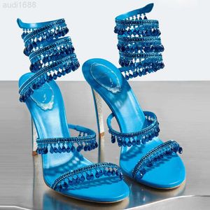 RENE CAOVILLA CRYSTAL CHANDELIER HIGH-HEELED SANDALS WOMENS FAIRY STYLITE LUXURY DIAMOND SERPENTINE RAPPED ROMAN HIGH HEILS 10cmデザイナーバンケットドレスシューズ