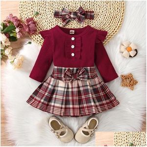 Clothing Sets 3Pcs Baby Girls Clothes Fall Outfit Ribbed Long Sleeve Romper Plaid Pleated Skirt Headband Set For Toddlers 0-18 Months Dhuk1