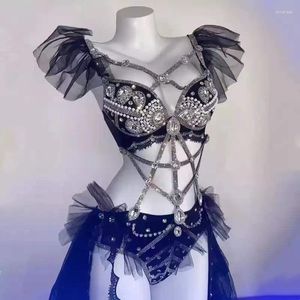 Palco desgaste luxo brilhante strass bikini tutu bodysuit dançarino clube festa mostrar desempenho boate bar disco dança traje