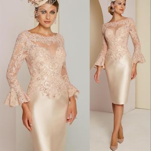 2020 Neue Vintage-Kleider für die Brautmutter, U-Ausschnitt, lange Ärmel, Champagner, Spitze, Kristall, knielang, individuelle Hochzeiten, Abendparty, 178q