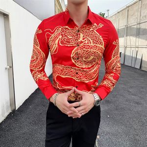 Kırmızı Erkek Gömlek Yüksek Kaliteli Uzun Kollu Erkek Gündelik Gömlekler Çin Dragon Baskı İnce Fit Erkekler Gömlek Gece Kulübü Partisi Tuxedo273a