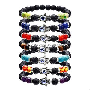 Pärlstav hamsa hand av fatim charm lava rock pärlor armband för kvinnor män ond blå öga eterisk olja diffusor 7 chakra sten diy juvel dhfzl