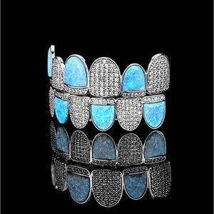 Iced Out CZ Lab Diamond Aquamarine Zircon Grillz Teeth Shark Vampire 14K Gold Plated 6 Fangtop and Bottom Grills For Men Hip Hop Rapper Cosp