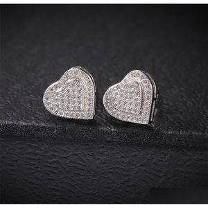 Çift Katman Aşk Kalp Damla Küpe Saplama 1 Çift Sıradan 925 Sier Buzlu Diamond Micro Pave Kübik Zirkon Küpe Erkek Kadın Hediye Teslimat