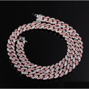 9mm Sier Pink Rose Cuban Chain Necklace Armband Shining Zircon Bling 14K White Gold Plated 7-24 för män Kvinnor Present Drop Delivery