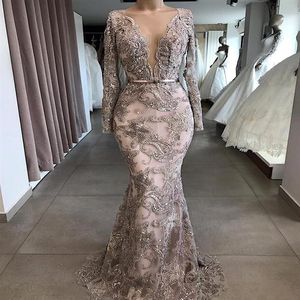 Luxury Beaded Mermaid Evening Dresses Long Sleeves Deep V Neck Lace Pageant Prom Dress Formal Party Gowns279W