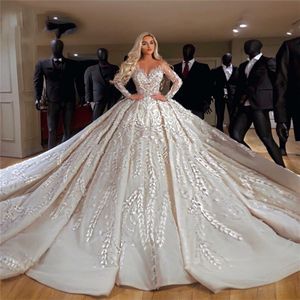 Sheer V-Neck Wedding Dresses Couture Long Sleeves Middle East Ball Gown Wedding Dresses Robe De Mariee Dubai Kaftans Vestido De No2175
