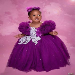 2021 Purple Lace Crystals Flower Girl Dresses Ball Gown Tulle Elegant Lilttle Kids Birthday Pageant Wedding Gowns282J