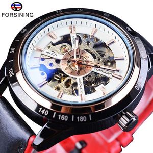 Forsining Orologio Bracciale Set Combinazione Moto Trasparente Genuino Rosso Nero Cinturino Scheletrato Orologio Automatico Maschile Orologio263d