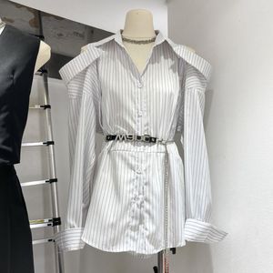 여자 T 셔츠 디자인 감각 틈새 폴로 칼라 스트라이프 셔츠 한국어 버전의 패션 기질 오프-숄더 긴팔.