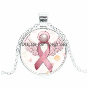 Colares Pingente Nova Chegada Rosa Fita De Vidro Gemstone Breast Cancer Conscientização Colar Para Mulheres Mens Moda Jóias Gota Entrega Dhhjg