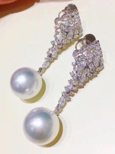 Dingle örhängen D114 ren 925 sterling silver fina smycken färskvatten vita pärlor 10-11mm för kvinnor pärla