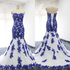 Bridal Gowns White Wedding Dresses Ivory Mermaid Formal Trumpet Zipper Lace Up New Plus Size Custom Tulle Sweetheart Sleeveless Royal Blue Applique