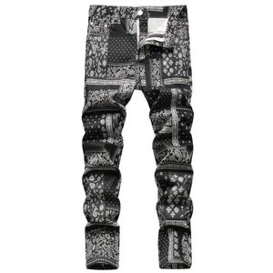 Jeans da uomo Uomo Paisley Bandana Stampato Moda Pantaloni in denim elasticizzato dipinto digitale 3D Pantaloni neri dritti slim1809