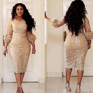 2021 Champagne Lace Short Mother of the Bride Dresses Plus Size Tea Length 3 4 Long Sleeve Sheath Mother of Groom Gowns M02224K