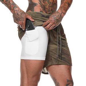 2 In1 Running Mens Sports Shorts Inbyggda telefonfickfoder Träning Pants Gym Training Bodybuilding Running Pocket Casual Pants196J