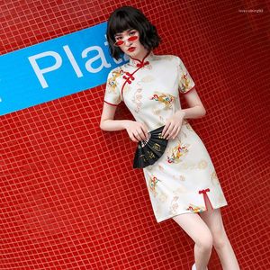 Etniska kläder moderna qipao sommartryck blomma mini cheongsam vestidos oriental unga flickor scen show klänning kinesisk stil damer sexig qi