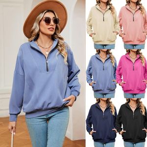 Kadın Hoodies Stand Yakası Uzun Kollu Katı Kadınlar Tatlı Sweatshirt Sweatshirt Puffik Kollu Yarım Zip kazak ceketi