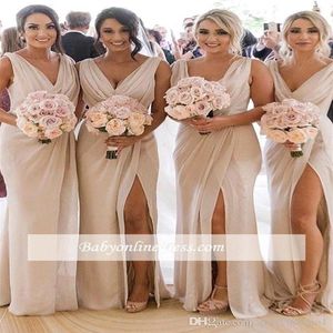 Cheap Champagne Bridesmaid Dresses Chiffon Deep V Neck Front Side Slit High Split Plus Size Maid of Honor Gown Wedding Guest Dress323M