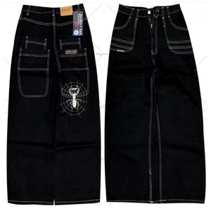 Męskie dżinsy Spider Cartoon Wzór haftowane kobiety Summer Black Street Casual Hip Hop High talia Szerokie nogi 230915