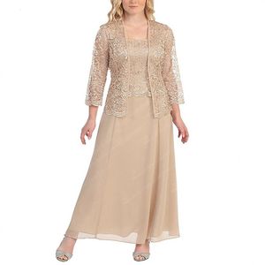 Elegant Champagne Mother of the Bride Dresses With Jacke Ankel längd Spetschiffon Plus Size Wedding Gästklänning Kvällsklänningar PU275Y