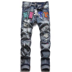 Summer Punk Men's Jeans Tryckt bomullsdetimbyxor Fashion Urban Mid midja Casual Pants For Male Vaqueros de Hombre1802