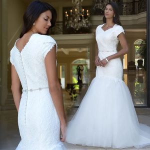 White Wedding Dresses Bridal Gowns Mermaid Trumpet Formal Ivory Custom New Plus Size Lace Up Zipper Button Applique Lace Sweetheart With Short Sleeves Tulle