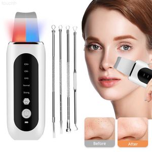 Elétrico Rosto Scrubbers Ultrasonic Face Scrubber Skin Shoveling EMS Micro-corrente Ion Import Facial Skin Lift Pore Clean Red Blue Light Beauty Tool L230920