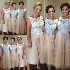 White And Champagne Short Bridesmaid Dresses For Wedding Plus Size Lace Top Sleeveless Maid Of Honor Gowns Tulle Tea Length Brides285w