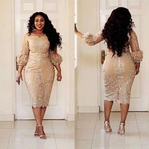 Champagne Lace Short Mother of the Bride Dresses Plus Size 2019 Tea Length 3 4 Long Sleeve Sheath Mother of Groom Gowns M02207Z