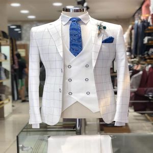 Yaz yakışıklı beyaz ekose damat giymek zirve yaka ince fit düğün smokin mens tasarımcı pantolon takım elbise ceket yelek pantolon263f