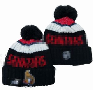 Ottawa Beanies Cap Wool Warm Sport Knit Hat Hockey North American Team randig sidelinje USA College manschetterade pom hattar män kvinnor a