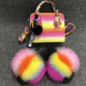 Chinelos femininos de pele de raposa real slides arco-íris fofo sandálias peludas com bolsas combinando bonito pelúcia chinelos de pele de guaxinim senhoras bolsa quente babiq05