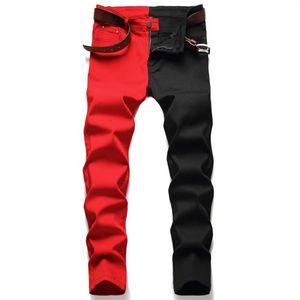 Jeans masculinos jeans costura moda tendência micro-elástico hip hop vermelho preto242p