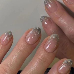 False Nails Sweet Cool Wearing Armor Silver Sparkling Pink French Wearable Nail Stick White Star Shine Short Plate